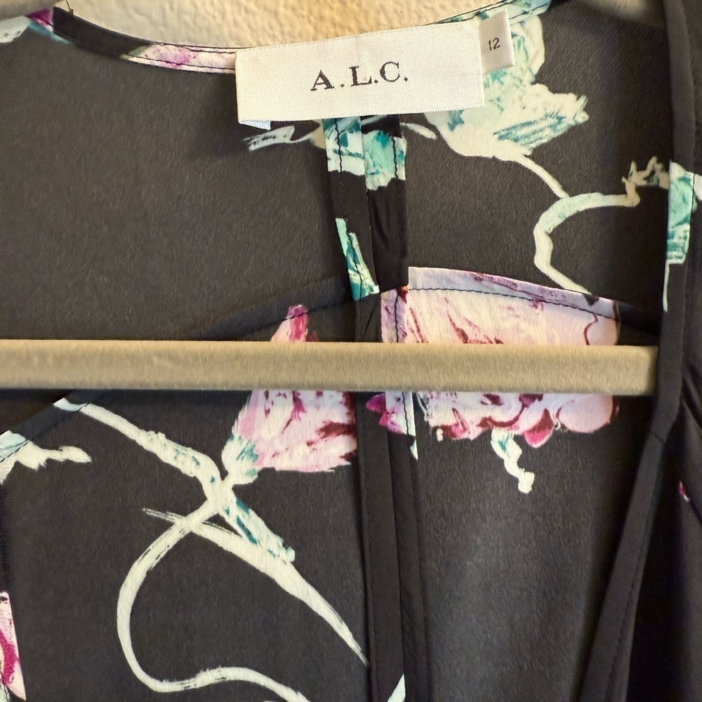 A.L.C QUINN crepe Floral Black Wrap midi Dress size 12 - Picture 8 of 8